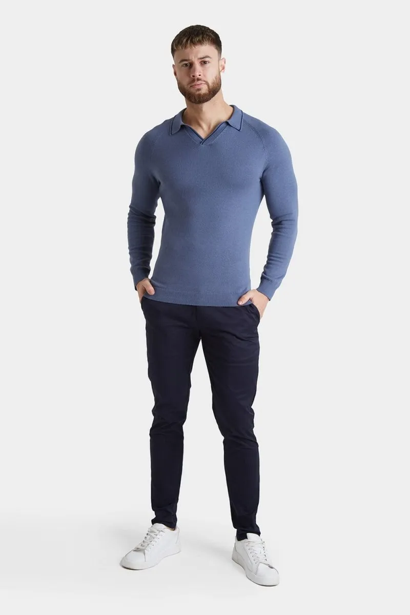Tipped Buttonless Open Collar Polo in Blue/Navy
