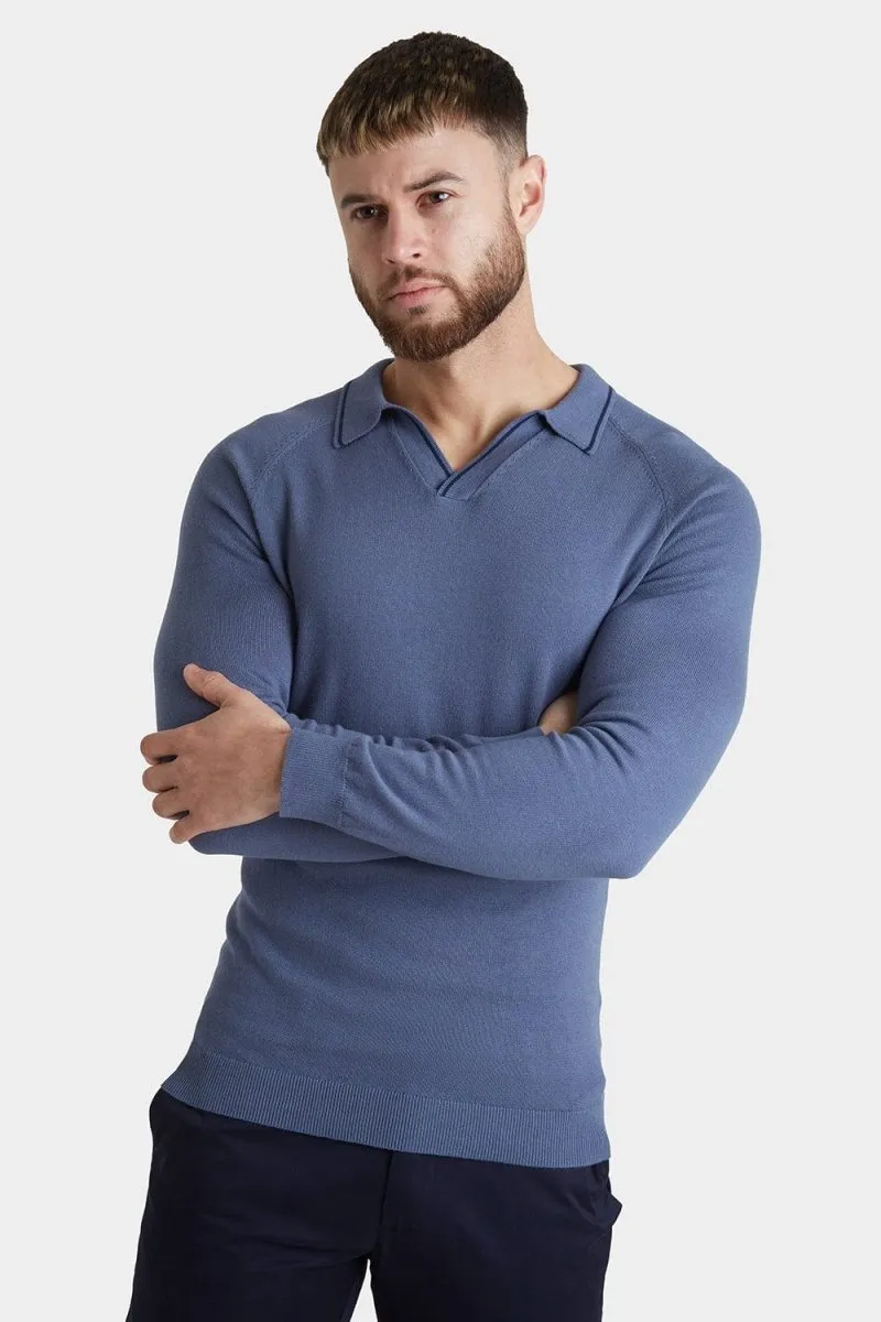 Tipped Buttonless Open Collar Polo in Blue/Navy