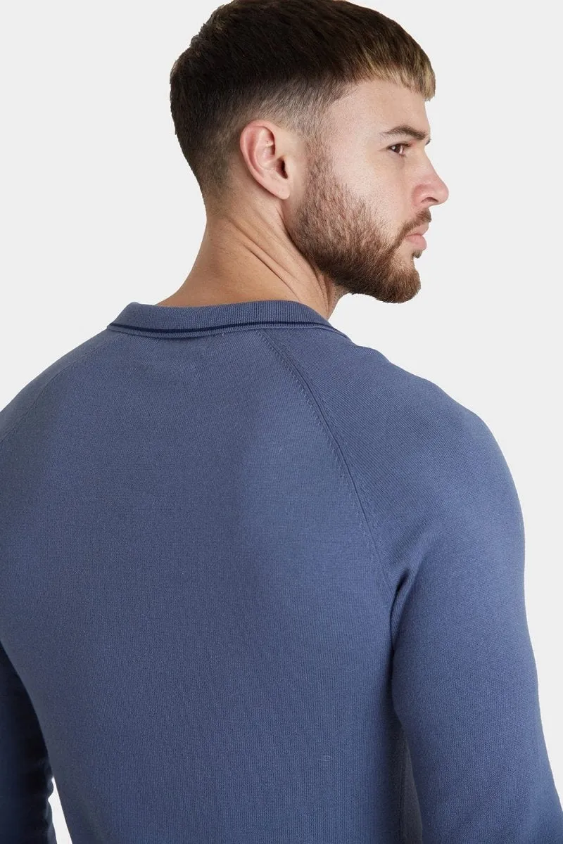 Tipped Buttonless Open Collar Polo in Blue/Navy