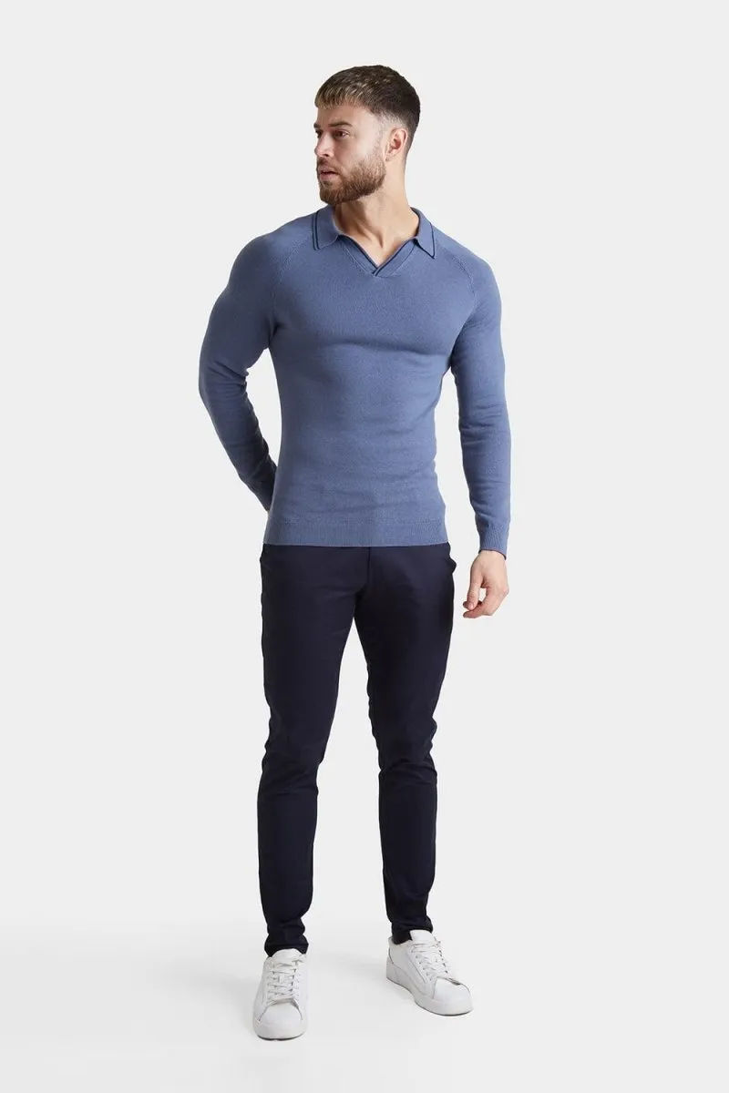Tipped Buttonless Open Collar Polo in Blue/Navy