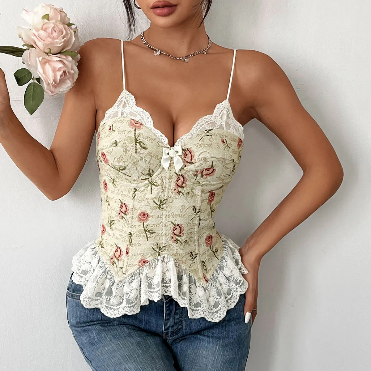 Vest Lace Spaghetti-strap Lace Sexy Members-only No customs hassle Stitching Jacquard Retro