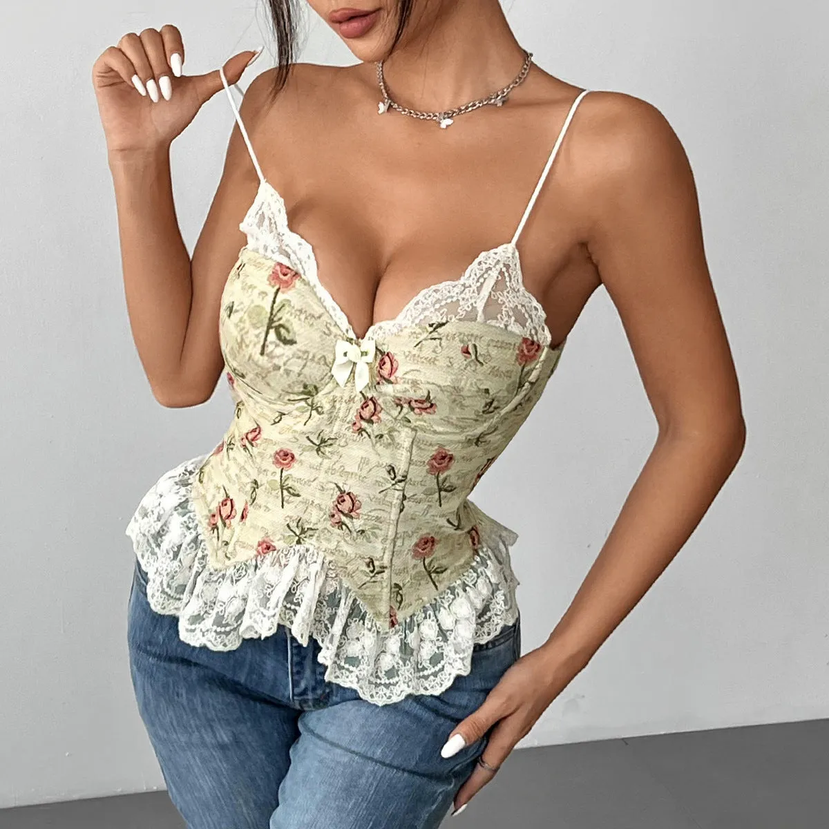 Vest Lace Spaghetti-strap Lace Sexy Members-only No customs hassle Stitching Jacquard Retro