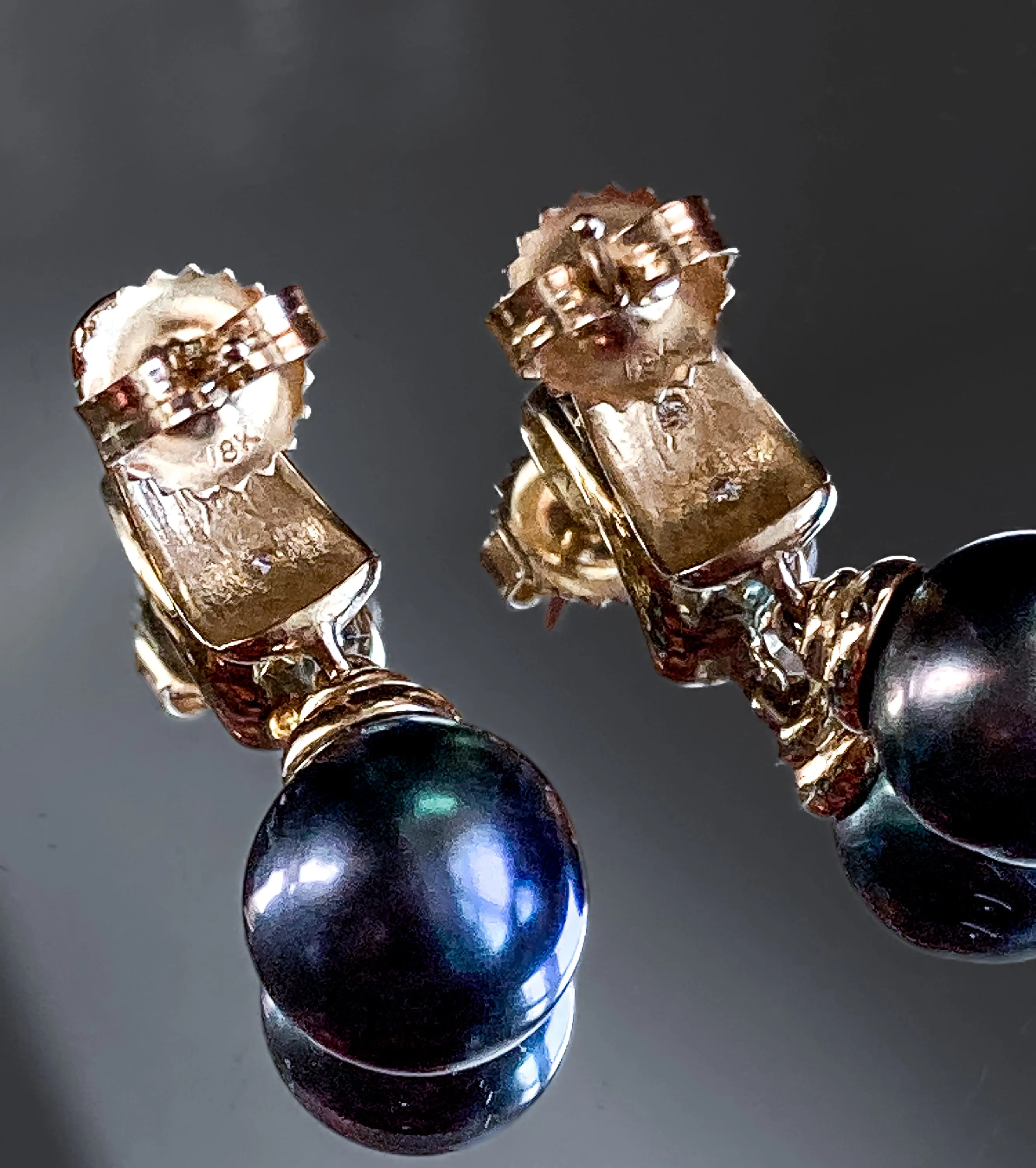 Vintage 18K Yellow Gold Triple Diamond Black Pearl Dangle Earrings