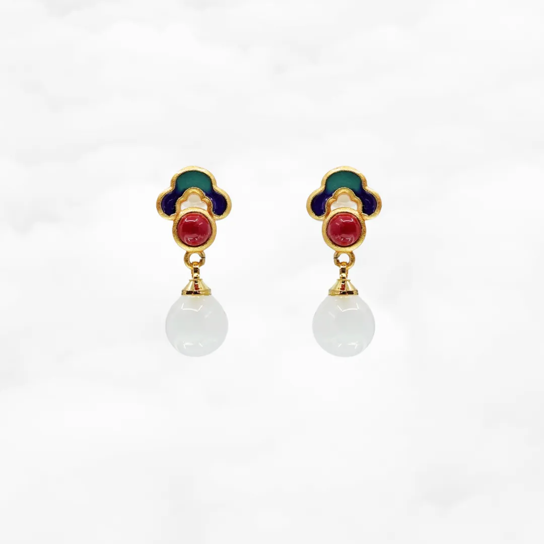 White Jade Enamel Ruyi Earrings
