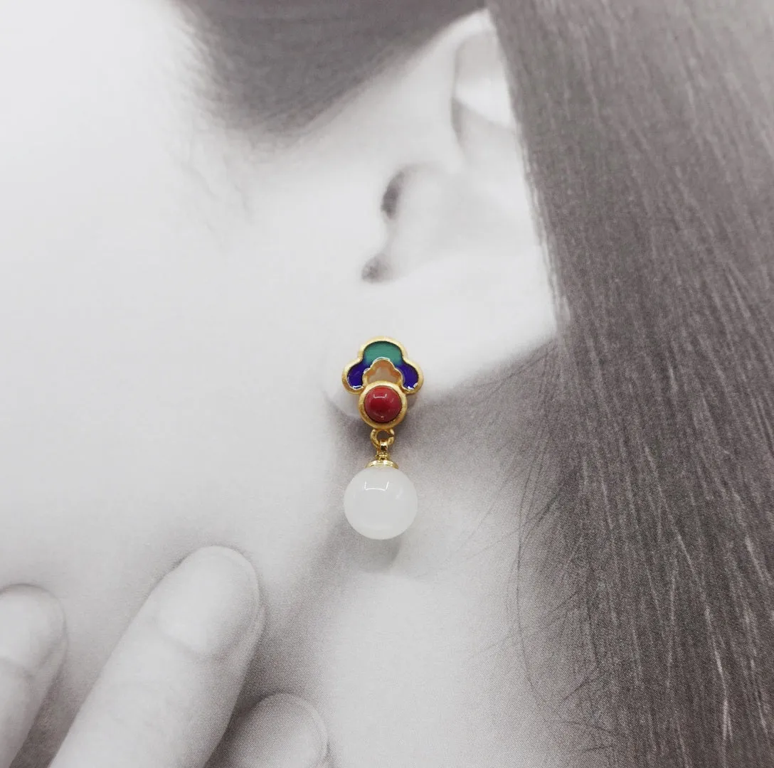 White Jade Enamel Ruyi Earrings