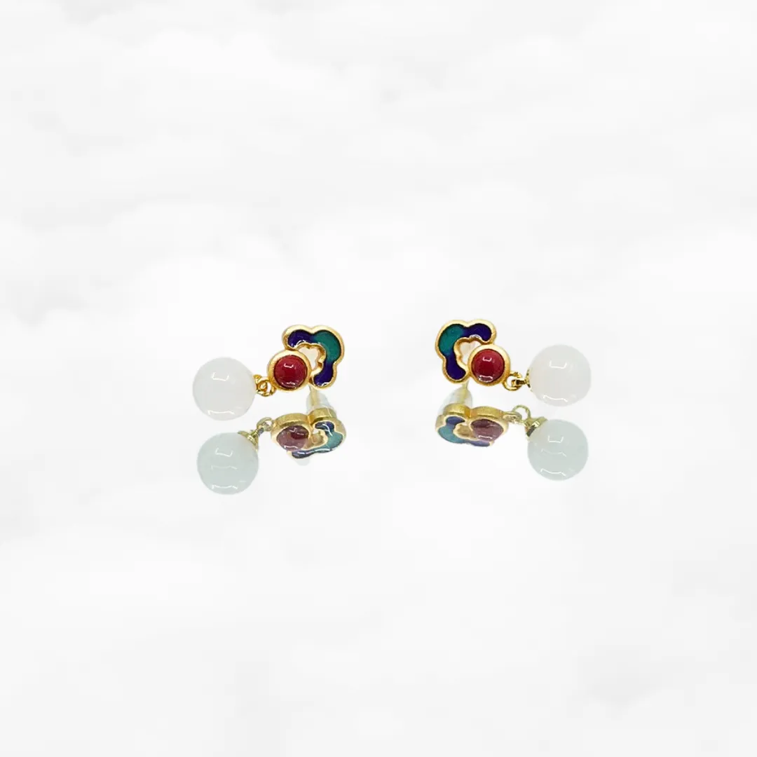 White Jade Enamel Ruyi Earrings