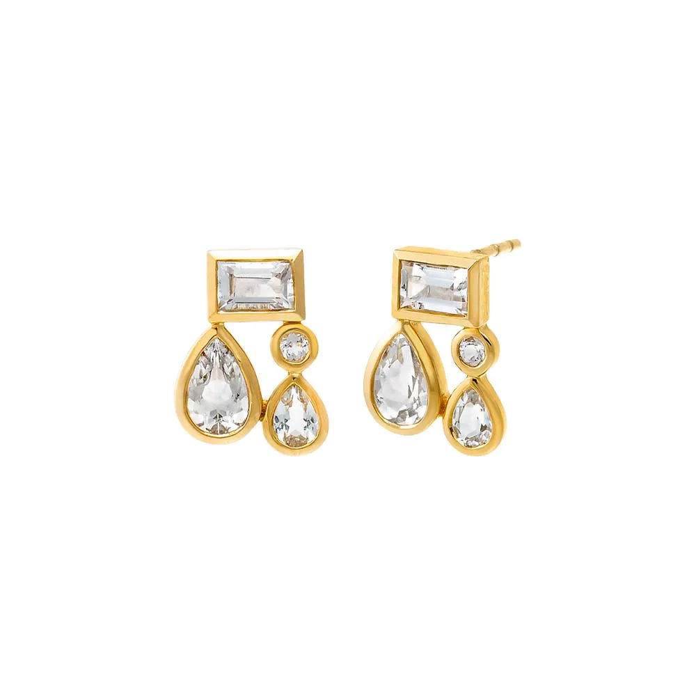 White Topaz Bezel Multi Shape Dangling Stud Earring 14K