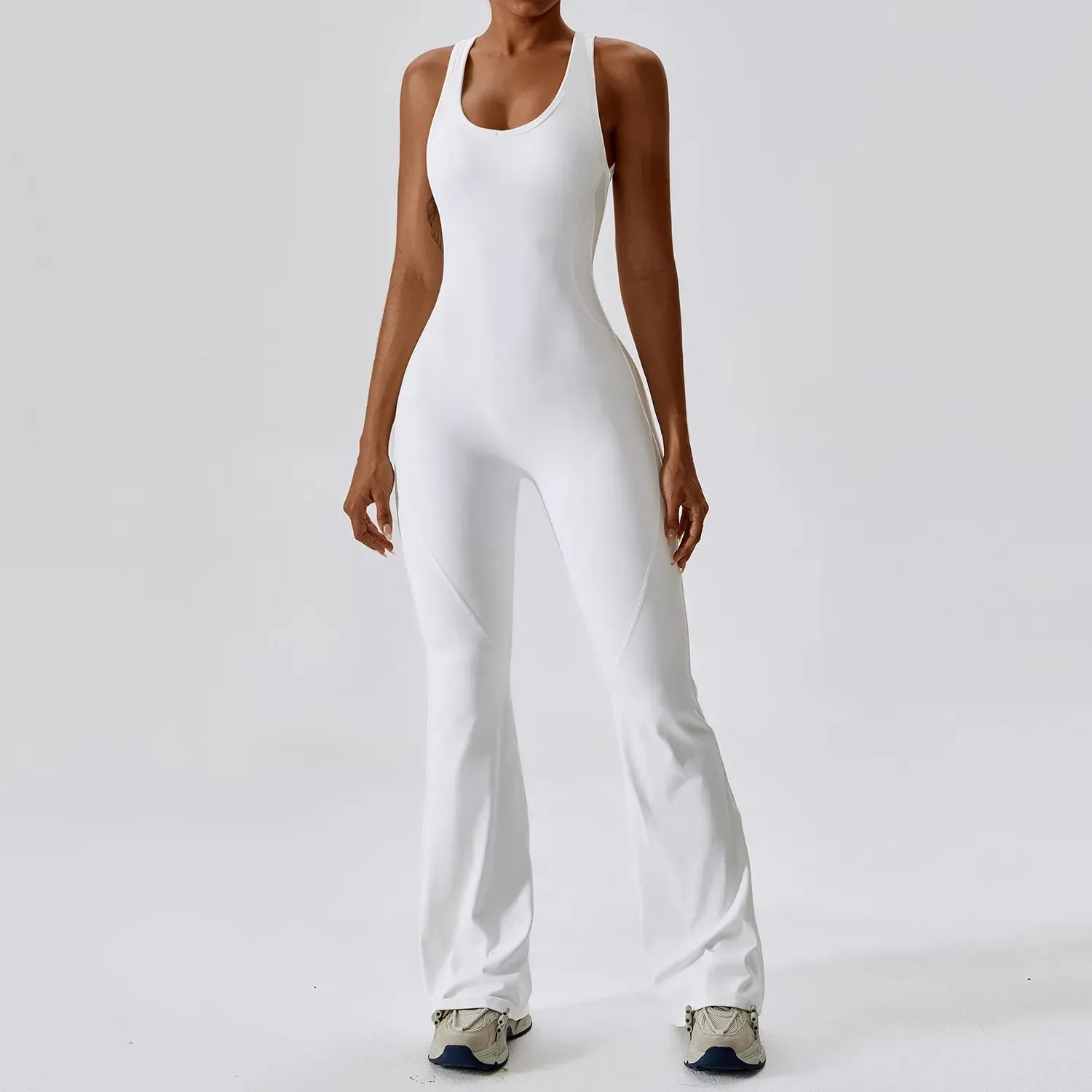 Women's Gym Fitness Training Bodysuit Yoga Sportswear Stretch Workout Romper Flare Bottoms