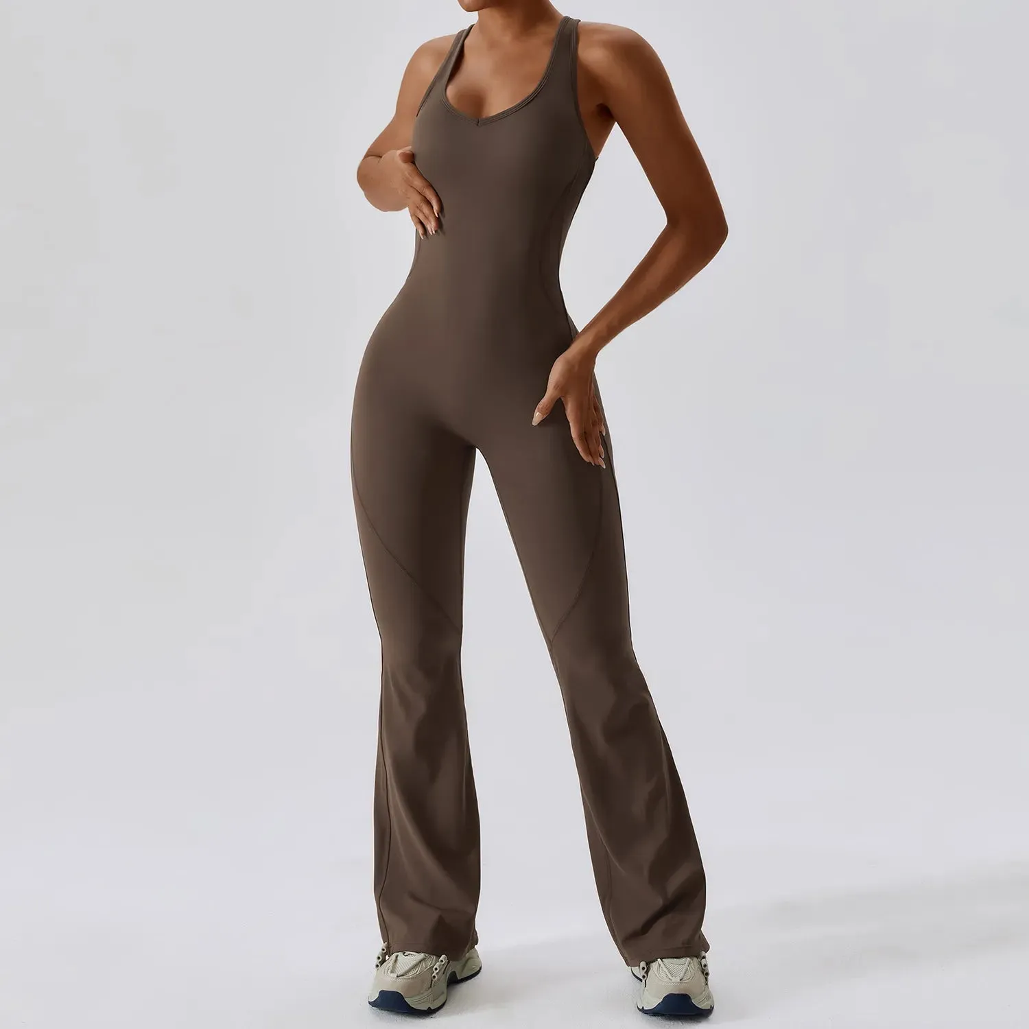 Women's Gym Fitness Training Bodysuit Yoga Sportswear Stretch Workout Romper Flare Bottoms