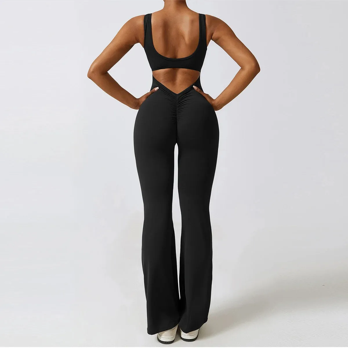 Women's Gym Fitness Training Bodysuit Yoga Sportswear Stretch Workout Romper Flare Bottoms