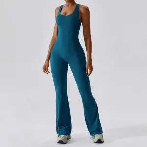 Women's Gym Fitness Training Bodysuit Yoga Sportswear Stretch Workout Romper Flare Bottoms