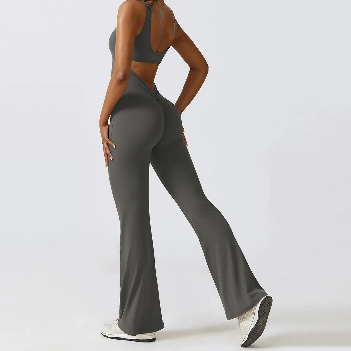 Women's Gym Fitness Training Bodysuit Yoga Sportswear Stretch Workout Romper Flare Bottoms