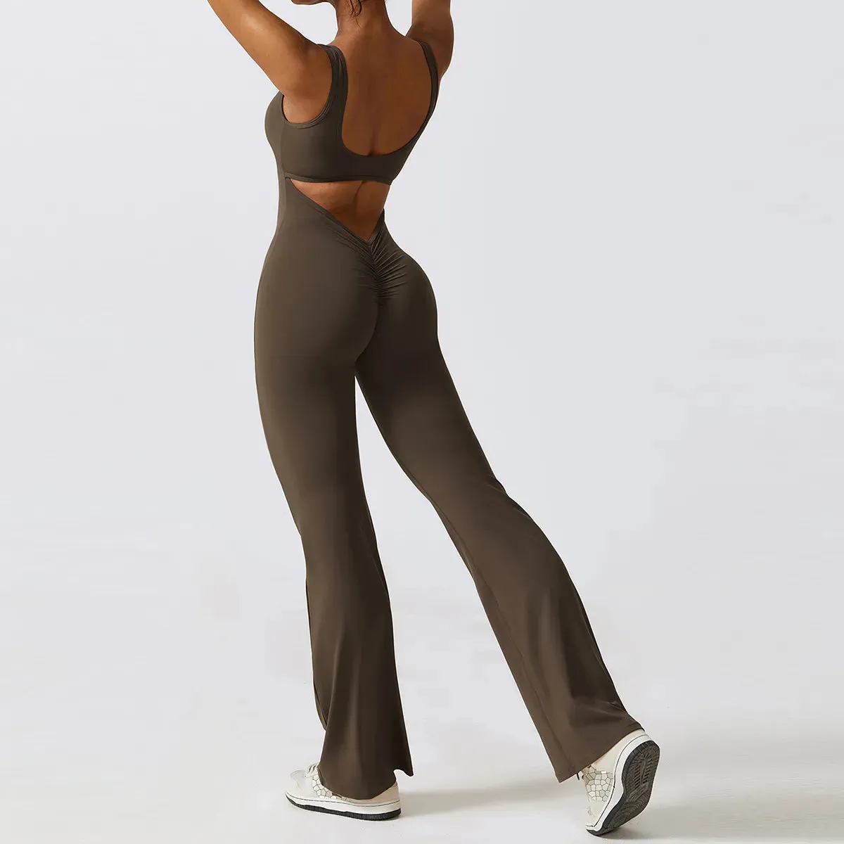 Women's Gym Fitness Training Bodysuit Yoga Sportswear Stretch Workout Romper Flare Bottoms