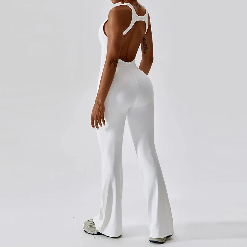 Women's Gym Fitness Training Bodysuit Yoga Sportswear Stretch Workout Romper Flare Bottoms