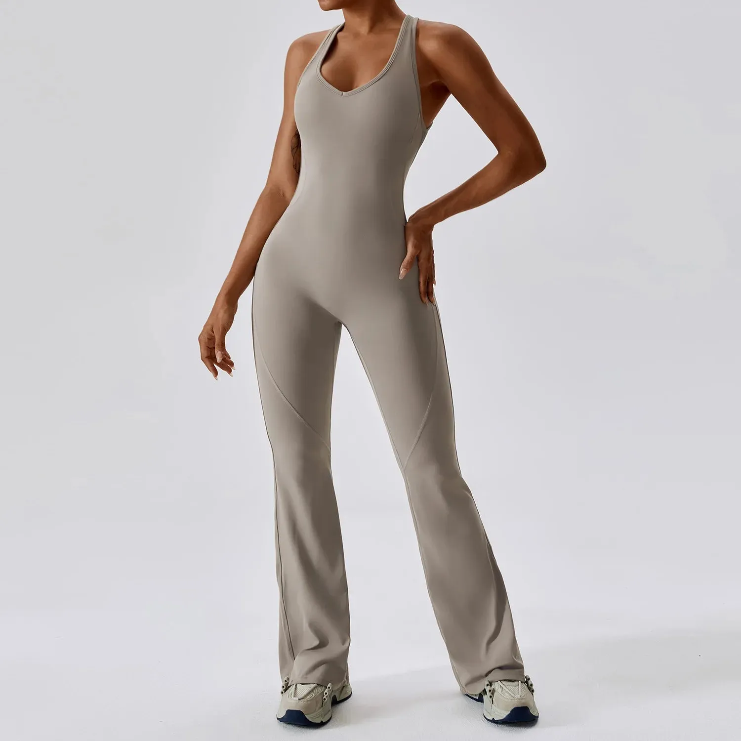 Women's Gym Fitness Training Bodysuit Yoga Sportswear Stretch Workout Romper Flare Bottoms