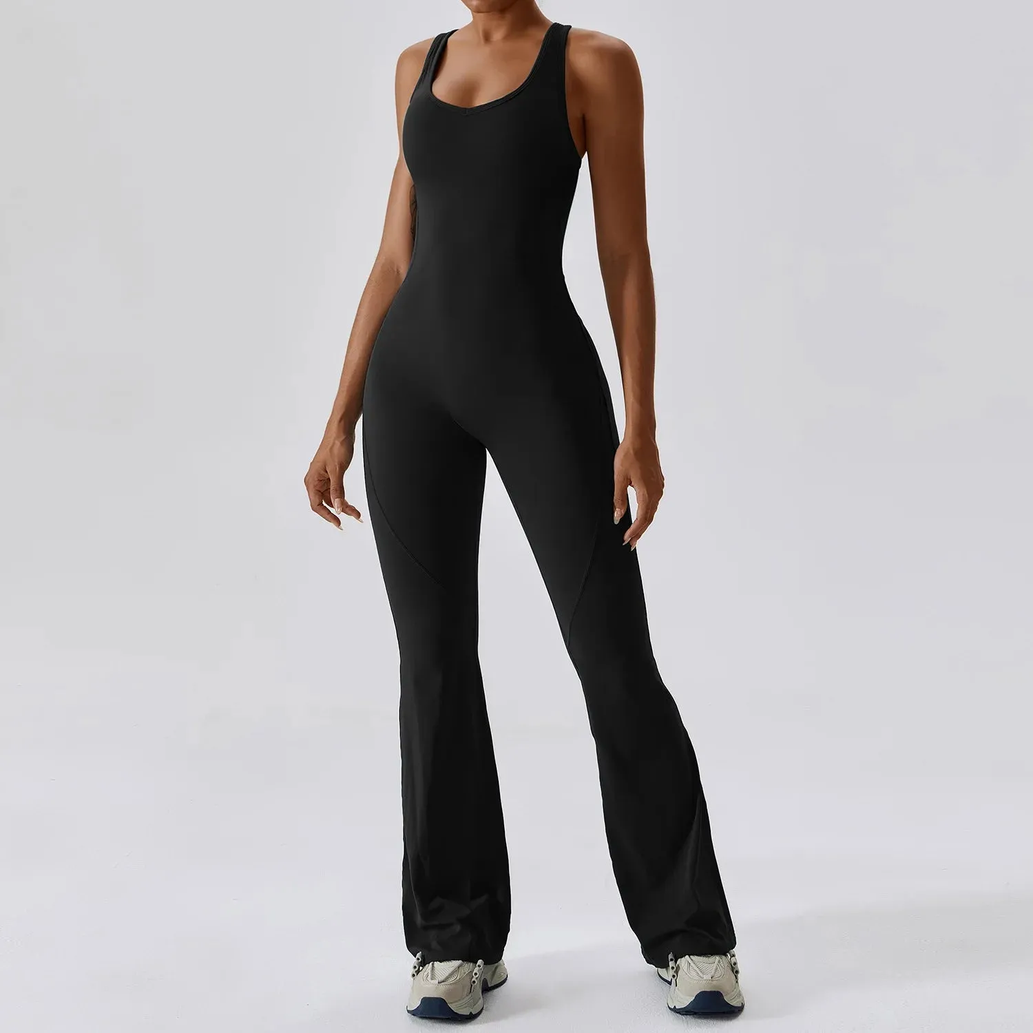 Women's Gym Fitness Training Bodysuit Yoga Sportswear Stretch Workout Romper Flare Bottoms