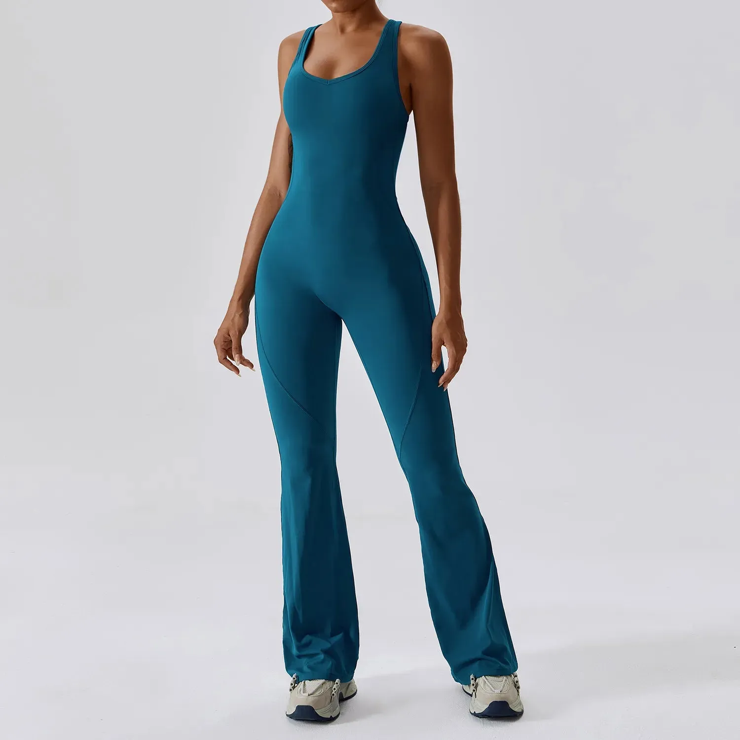 Women's Gym Fitness Training Bodysuit Yoga Sportswear Stretch Workout Romper Flare Bottoms