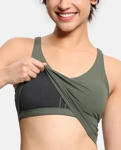 Women’s Longline Sports Bra Wirefree Padded Medium Support Yoga Bras Gym Running Workout Tank Tops Olive Green