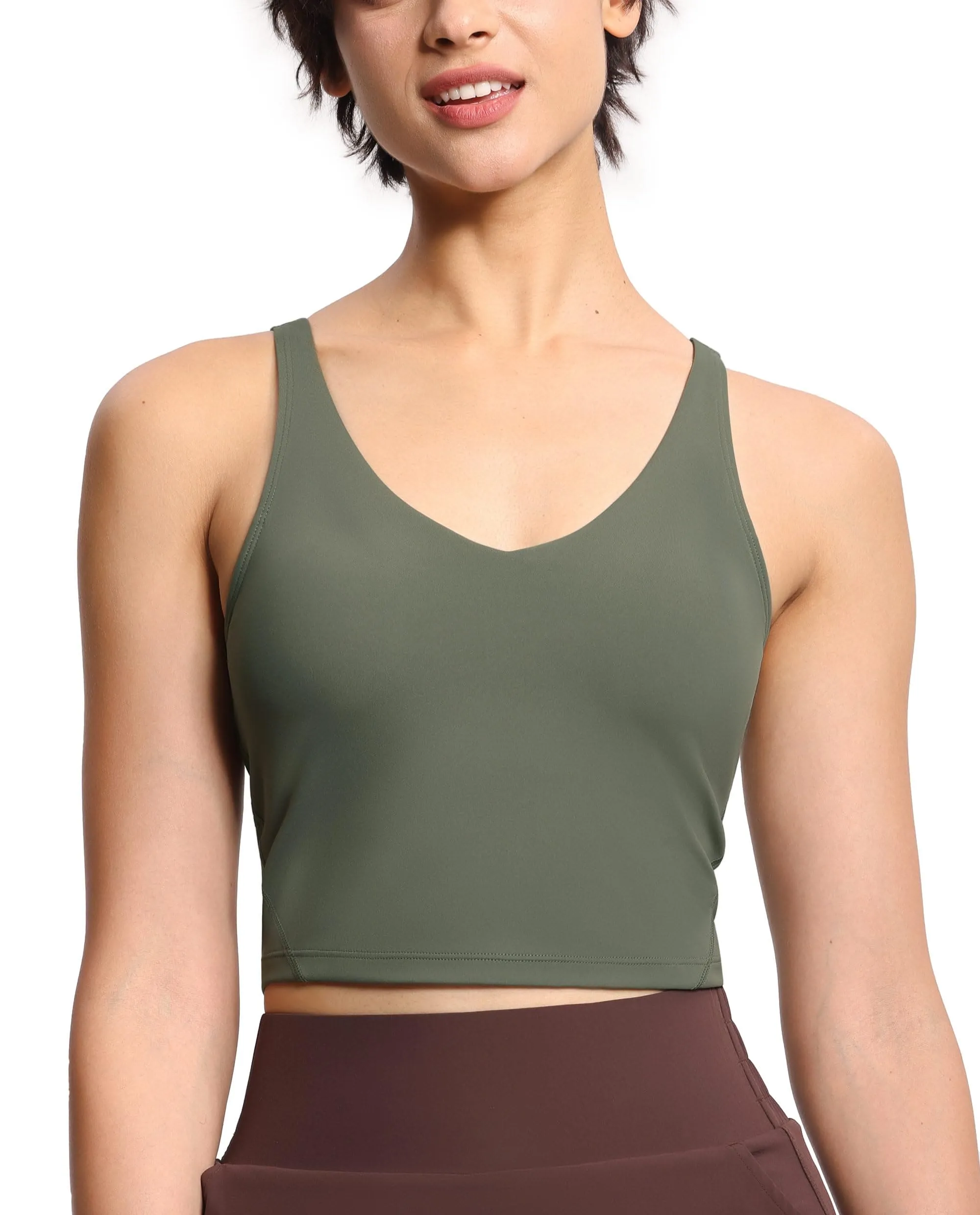 Women’s Longline Sports Bra Wirefree Padded Medium Support Yoga Bras Gym Running Workout Tank Tops Olive Green