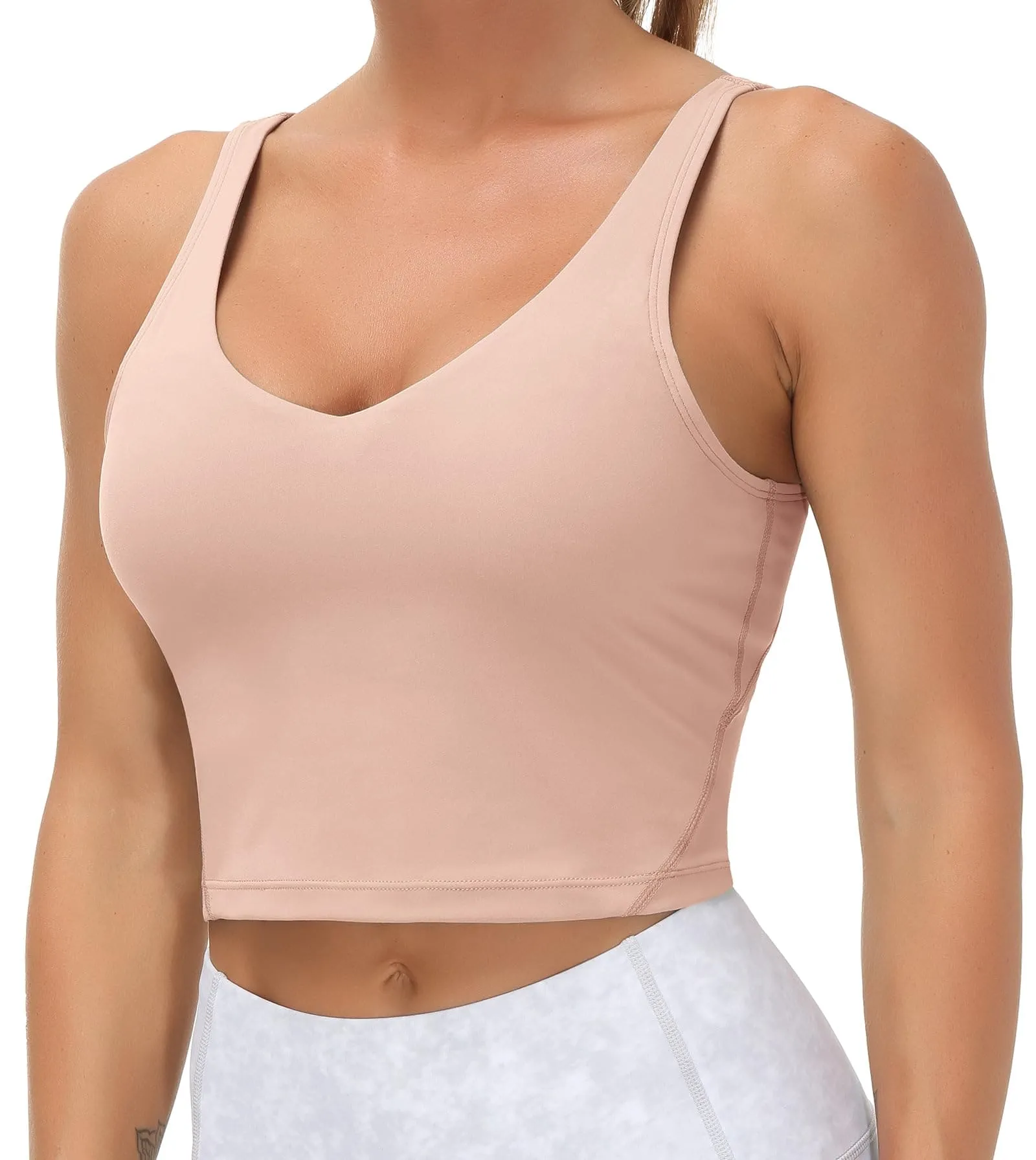Women’s Longline Sports Bra Wirefree Padded Medium Support Yoga Bras Gym Running Workout Tank Tops(Soft Pink)
