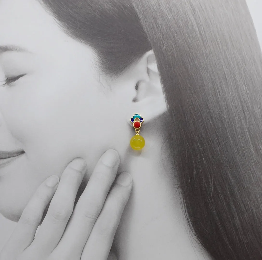 Yellow Jade Enamel Ruyi Earrings