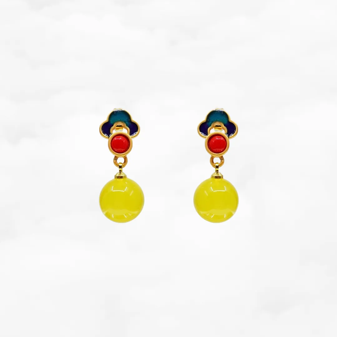 Yellow Jade Enamel Ruyi Earrings