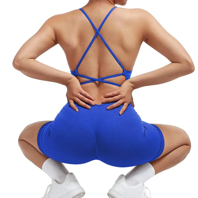 Yoga Set Women Fitness Rompers Sexy One Piece Strap Tummy Control Padded Sports Bra Workout JumpSuits Sportswear Seamless